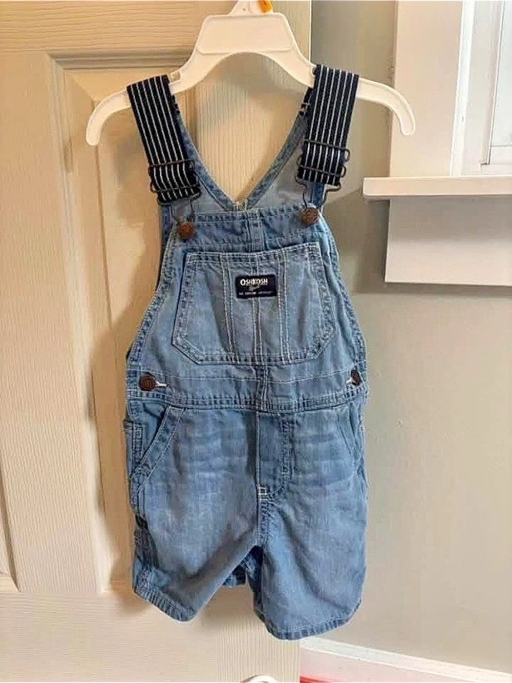 3T OshKosh B'gosh Denim Short Overalls with Striped Straps Blue